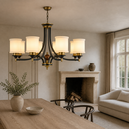 Montclair Opal Glass, Blackened Brass and Dark Ash Wood Chandelier