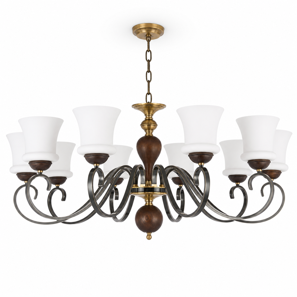 Harrington Flared Opal Glass, Antique Brass and Dark Ash Wood Chandelier