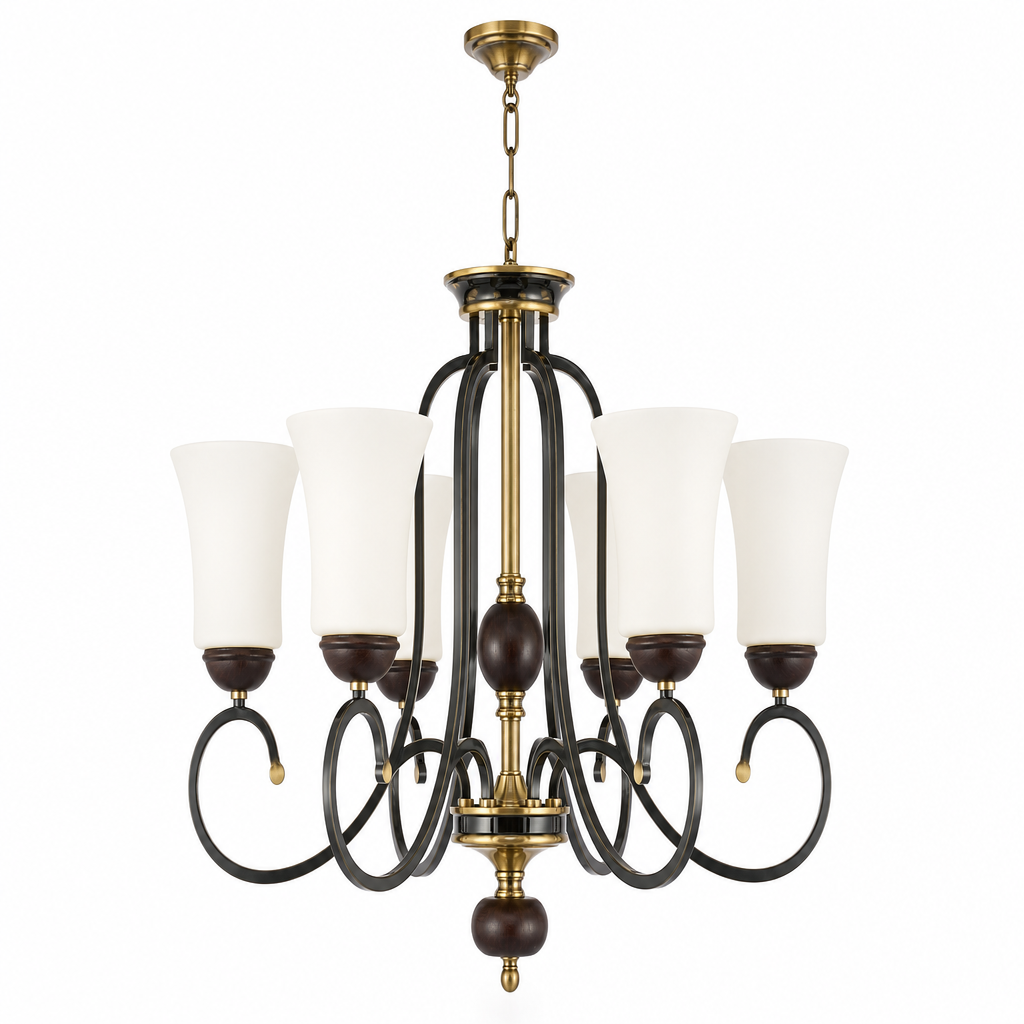 Haverford Opal Glass, Blackened Brass and Dark Ash Wood Chandelier