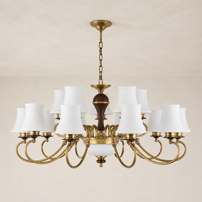 Glenhaven Opal Bowl, Antique Brass and Dark Ash Wood Chandelier
