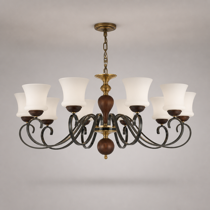 Harrington Flared Opal Glass, Antique Brass and Dark Ash Wood Chandelier