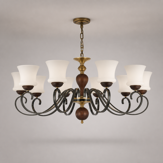 
Harrington Flared Opal Glass, Antique Brass and Dark Ash Wood Chandelier