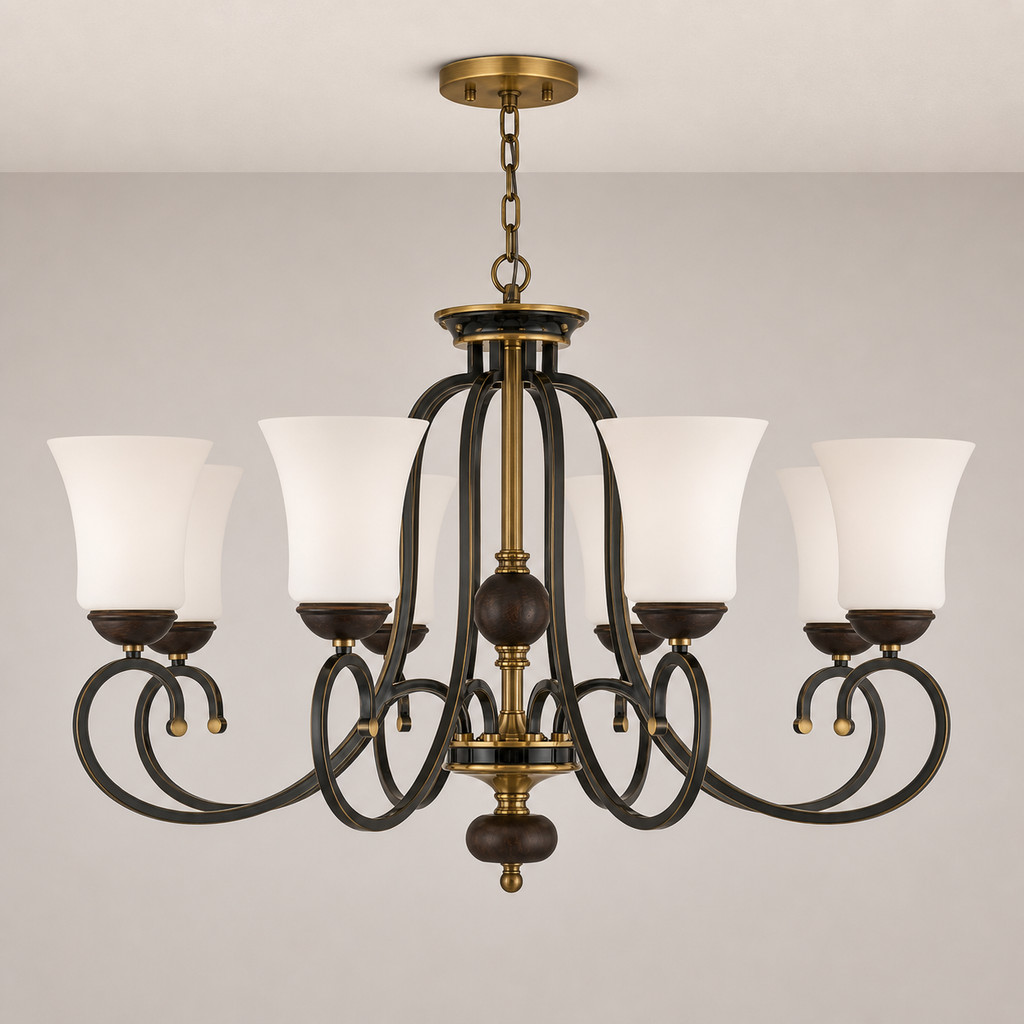 
Haverford Opal Glass, Blackened Brass and Dark Ash Wood Chandelier