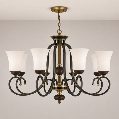 Haverford Opal Glass, Blackened Brass and Dark Ash Wood Chandelier