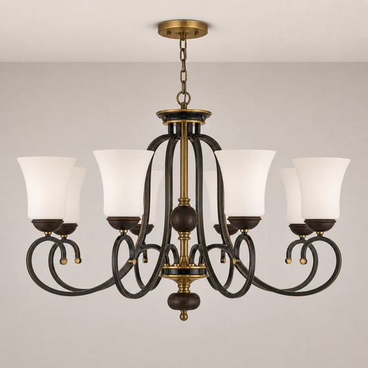 
Haverford Opal Glass, Blackened Brass and Dark Ash Wood Chandelier