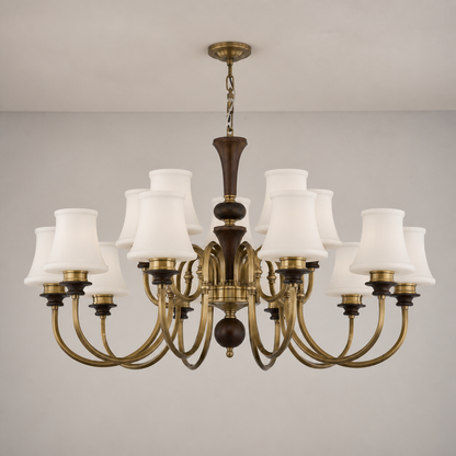 Kingswell Opal Glass, Antique Brass and Dark Ash Wood Chandelier