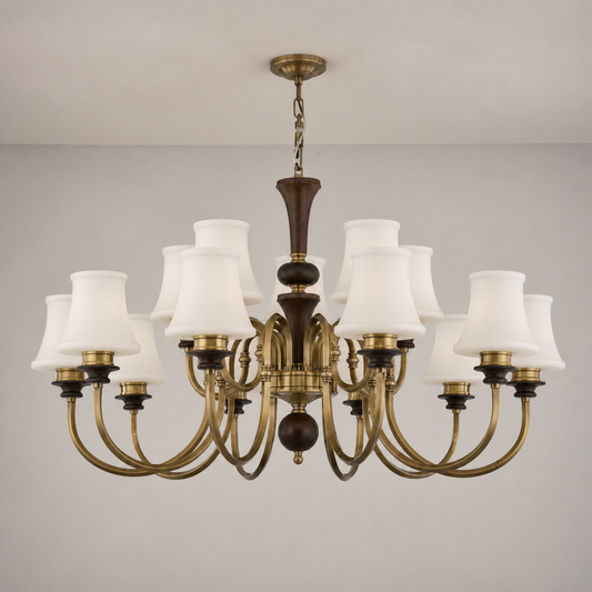 
Kingswell Opal Glass, Antique Brass and Dark Ash Wood Chandelier