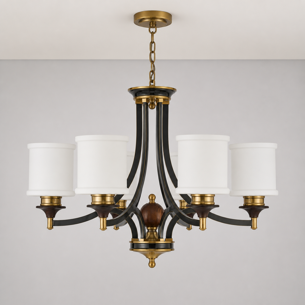 
Montclair Opal Glass, Blackened Brass and Dark Ash Wood Chandelier