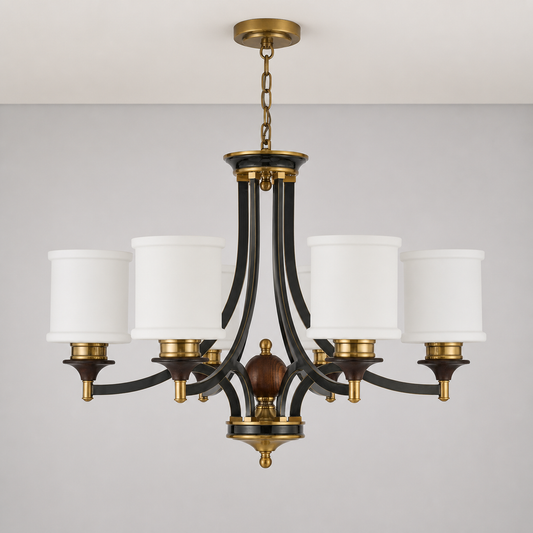 
Montclair Opal Glass, Blackened Brass and Dark Ash Wood Chandelier