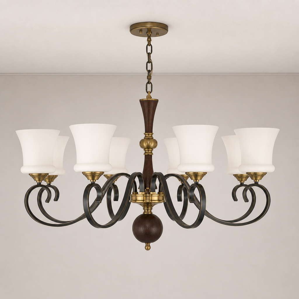
Rosethorne Opal Glass, Blackened Brass and Dark Ash Wood Chandelier