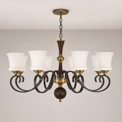 Rosethorne Opal Glass, Blackened Brass and Dark Ash Wood Chandelier