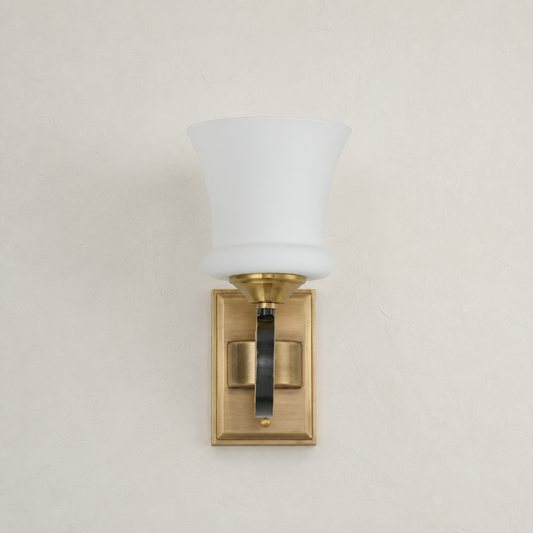 
Rosethorne Opal Glass, Antique Brass and Blackened Metal Wall Sconce