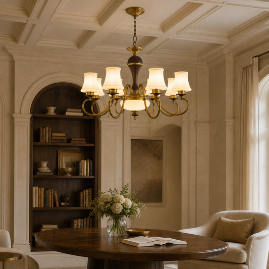 
Glenhaven Opal Bowl, Antique Brass and Dark Ash Wood Chandelier