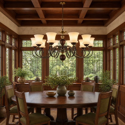 
Harrington Flared Opal Glass, Antique Brass and Dark Ash Wood Chandelier
