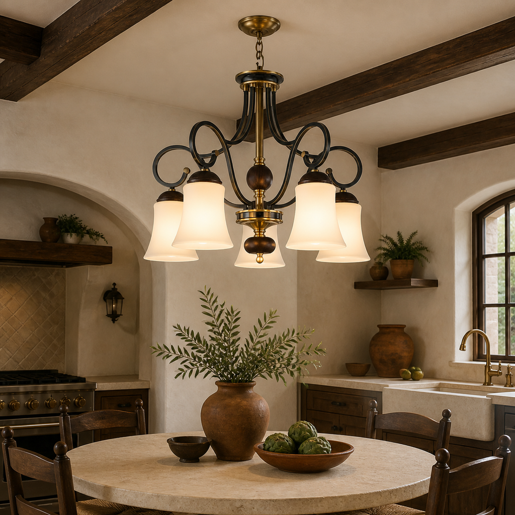 
Haverford Opal Glass, Blackened Brass and Dark Ash Wood Chandelier