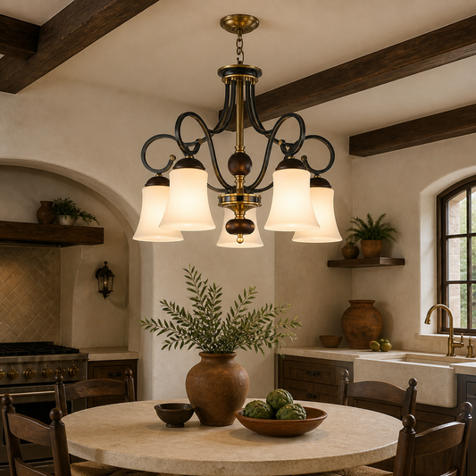 
Haverford Opal Glass, Blackened Brass and Dark Ash Wood Chandelier