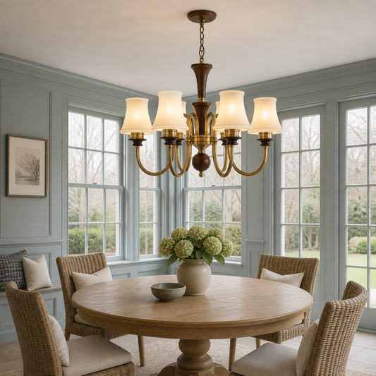 
Kingswell Opal Glass, Antique Brass and Dark Ash Wood Chandelier
