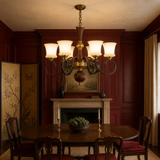 
Rosethorne Opal Glass, Blackened Brass and Dark Ash Wood Chandelier