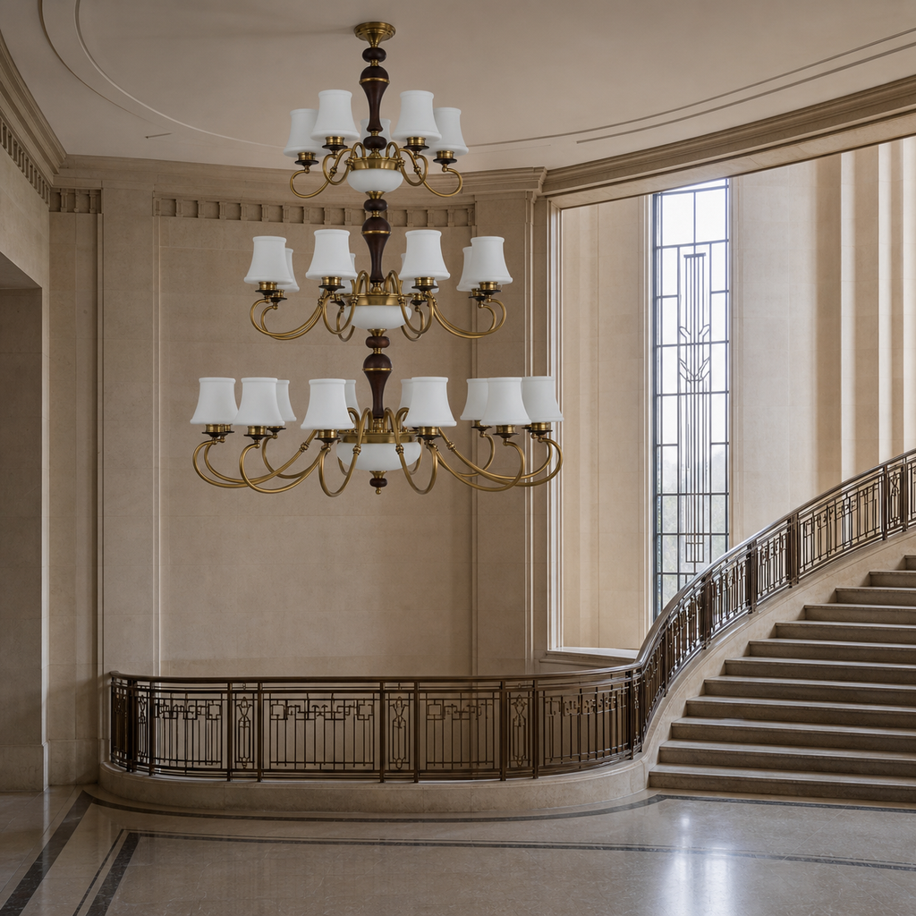 
Glenhaven Opal Bowl, Antique Brass and Dark Ash Wood Chandelier