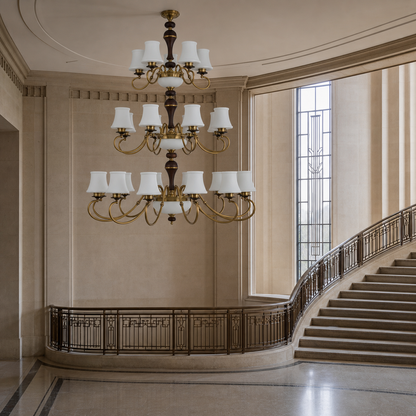 Glenhaven Opal Bowl, Antique Brass and Dark Ash Wood Chandelier