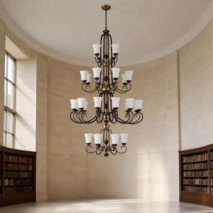 Haverford Opal Glass, Blackened Brass and Dark Ash Wood Chandelier