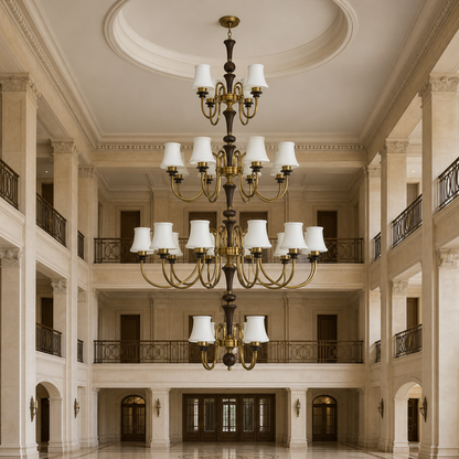 Kingswell Opal Glass, Antique Brass and Dark Ash Wood Chandelier