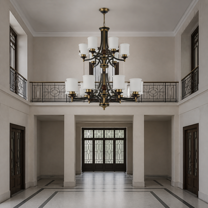 Montclair Opal Glass, Blackened Brass and Dark Ash Wood Chandelier