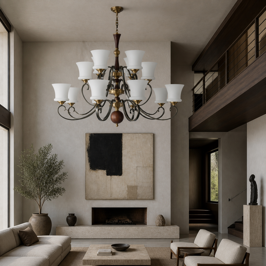 
Rosethorne Opal Glass, Blackened Brass and Dark Ash Wood Chandelier