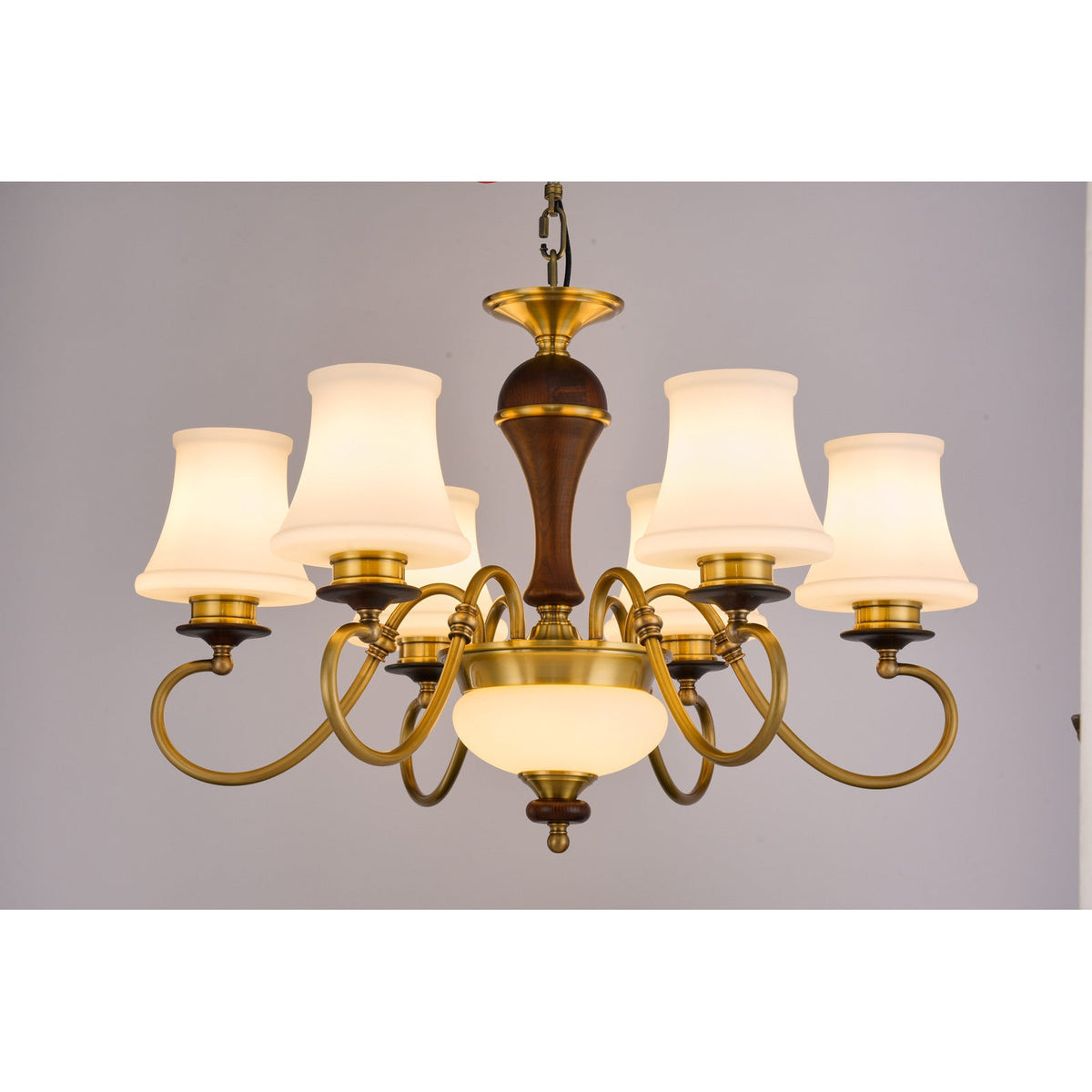 
Supplier real photograph of the Glenhaven five-light chandelier complete lit front view