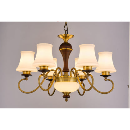 Supplier real photograph of the Glenhaven five-light chandelier complete lit front view