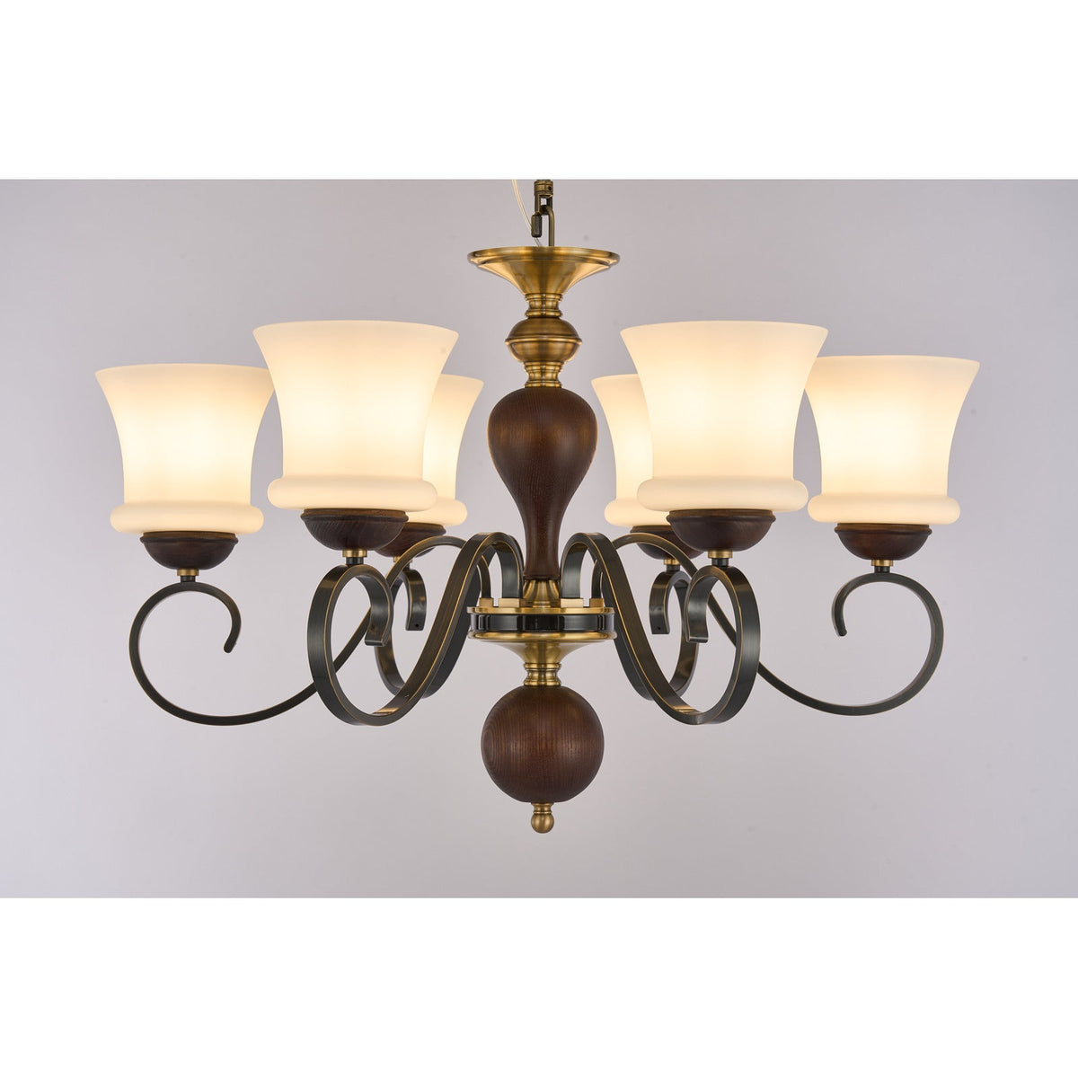 
Supplier real photograph of the Harrington six-light chandelier complete lit front view