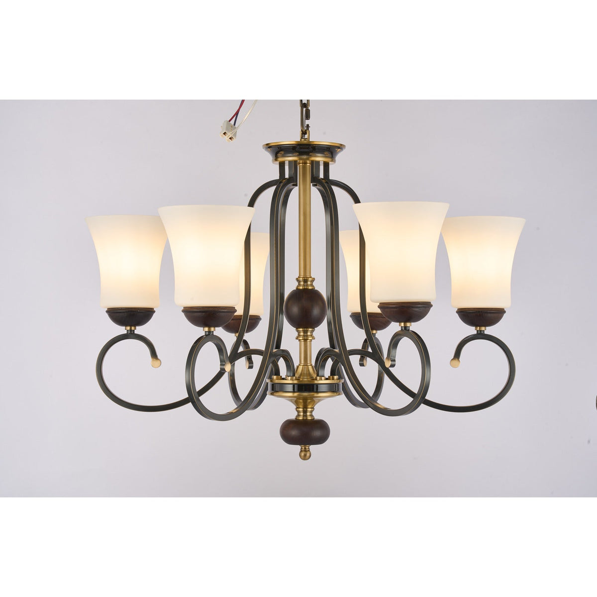 
Supplier real photograph of the Haverford six-light chandelier complete lit front view