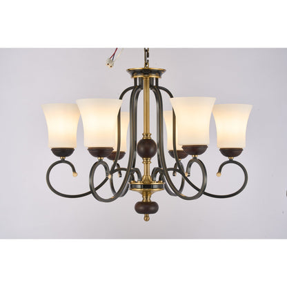 Supplier real photograph of the Haverford six-light chandelier complete lit front view