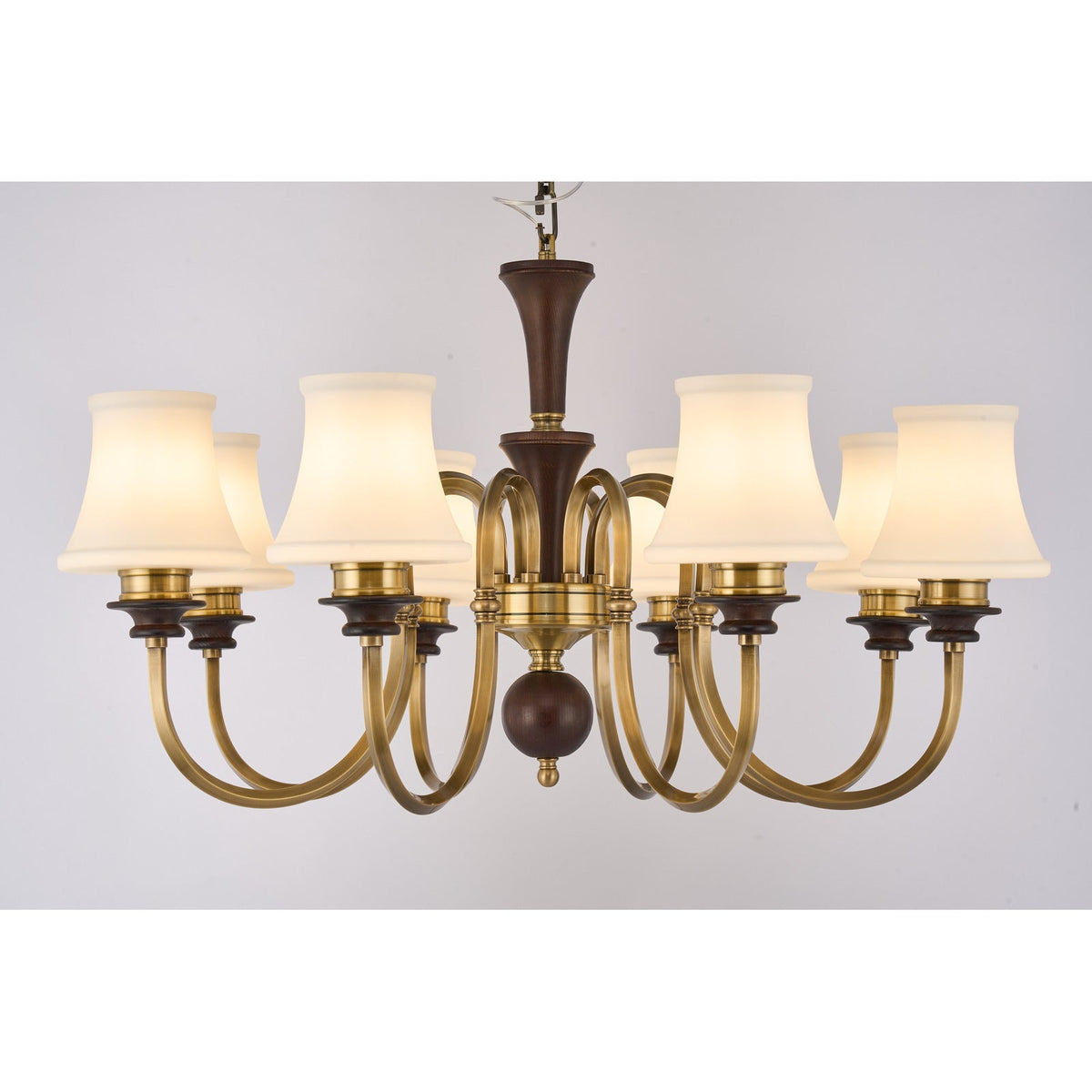 
Supplier real photograph of the Kingswell eight-light chandelier complete lit front view