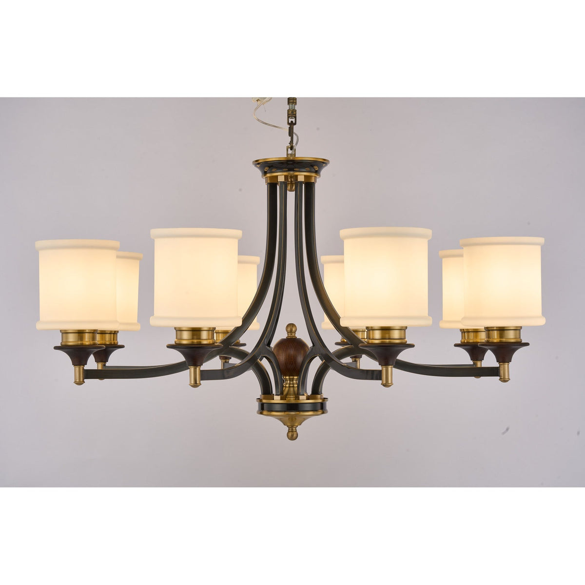 
Supplier real photograph of the Montclair eight-light chandelier complete lit front view