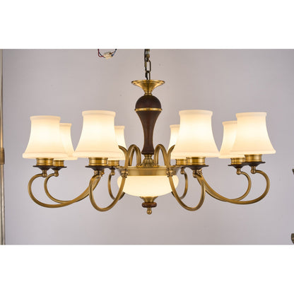 Supplier real photograph of the Glenhaven eight-light chandelier complete lit front view