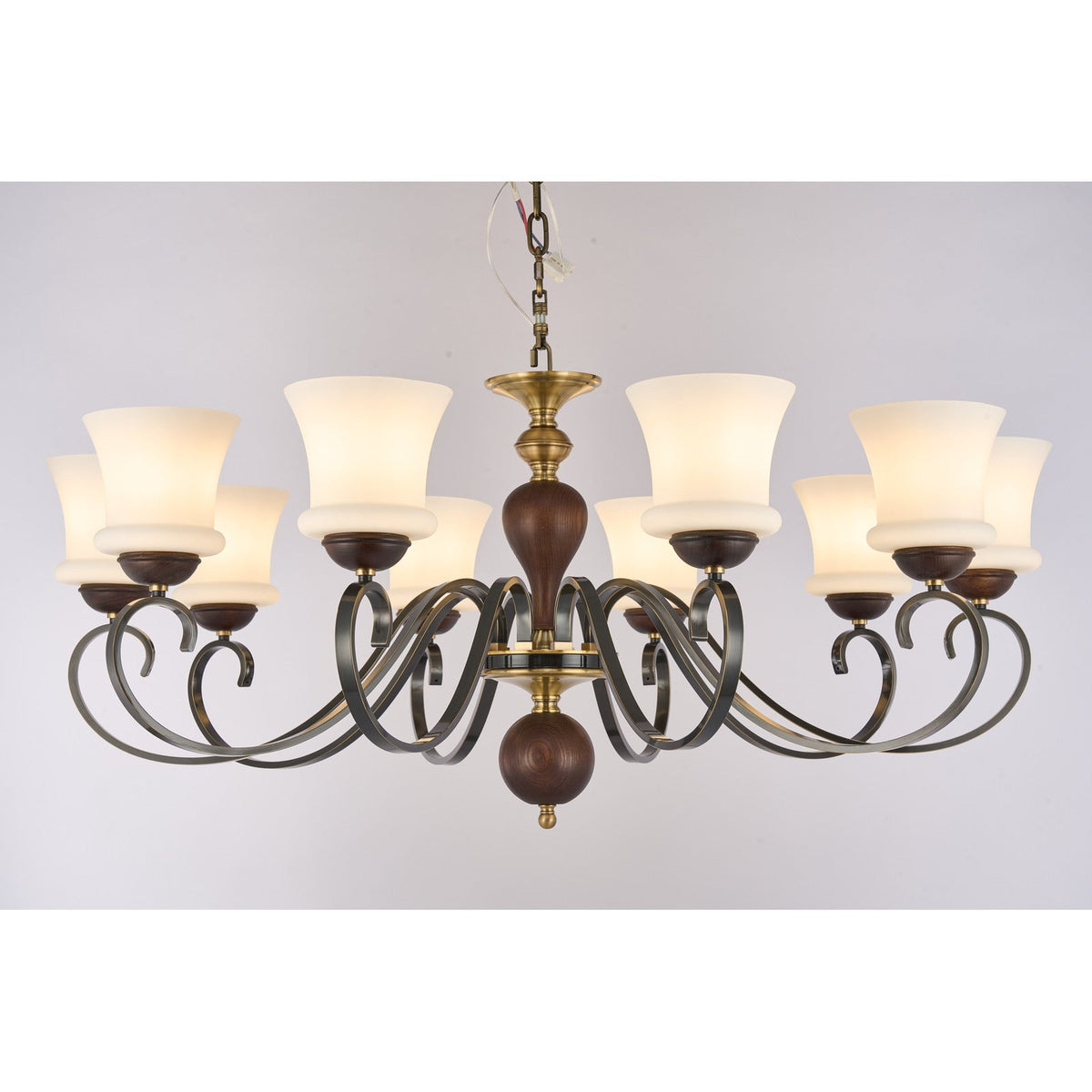 
Supplier real photograph of the Harrington eight-light chandelier complete lit front view