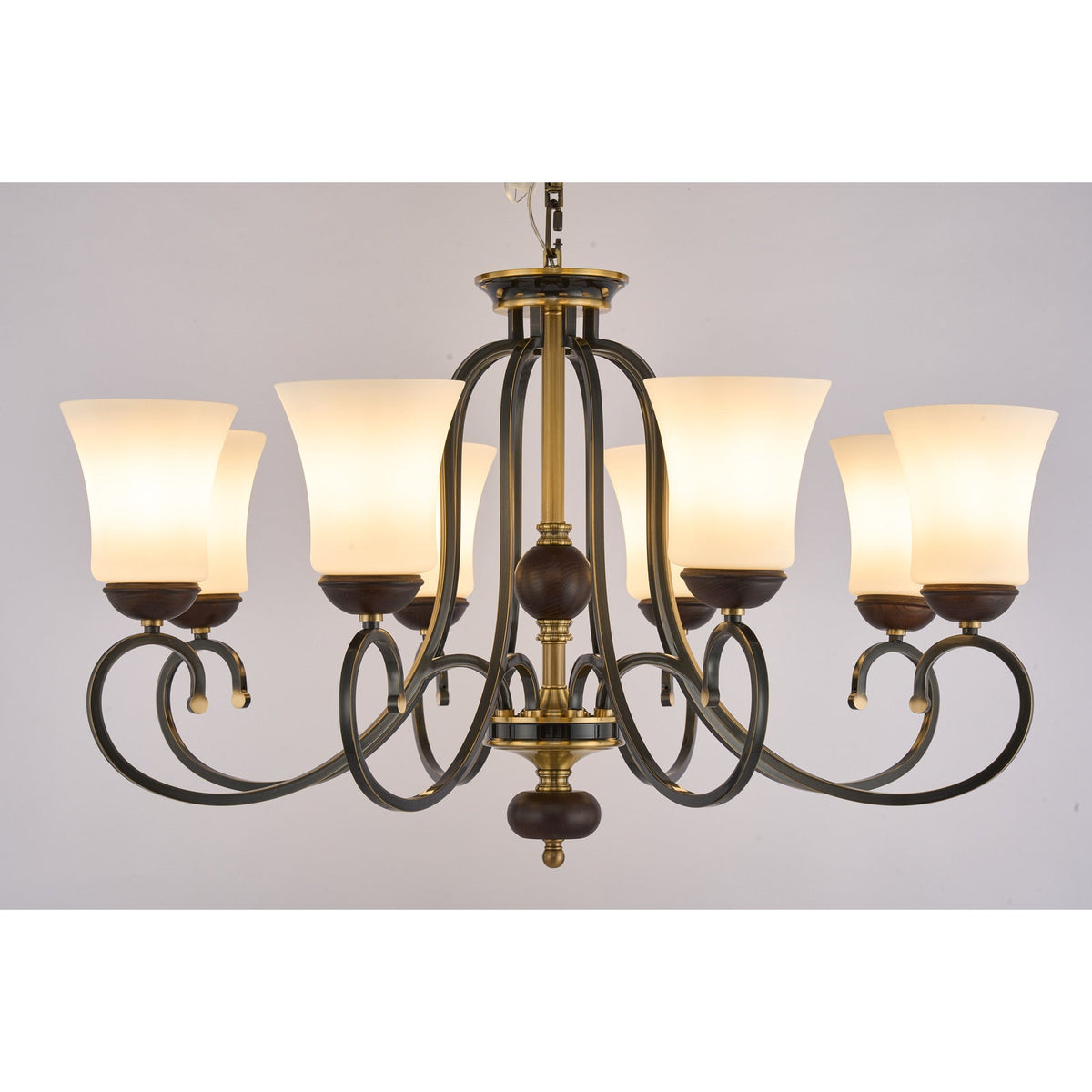 
Supplier real photograph of the Haverford eight-light chandelier complete front view