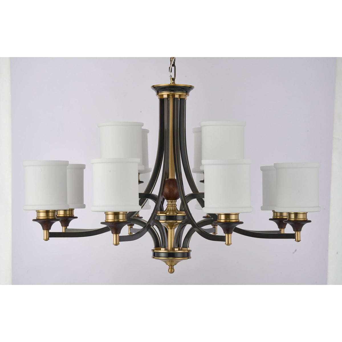 
Supplier real photograph of the Montclair twelve-light two-tier chandelier complete unlit front view