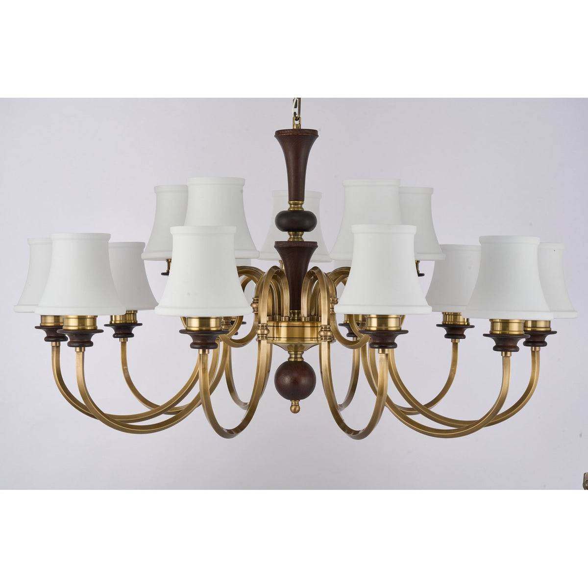 
Supplier real photograph of the Kingswell fifteen-light two-tier chandelier complete unlit front view