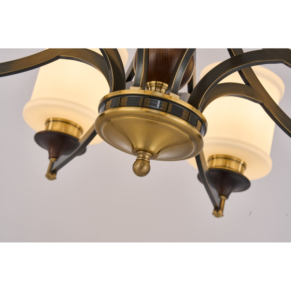 
Montclair Opal Glass, Blackened Brass and Dark Ash Wood Chandelier