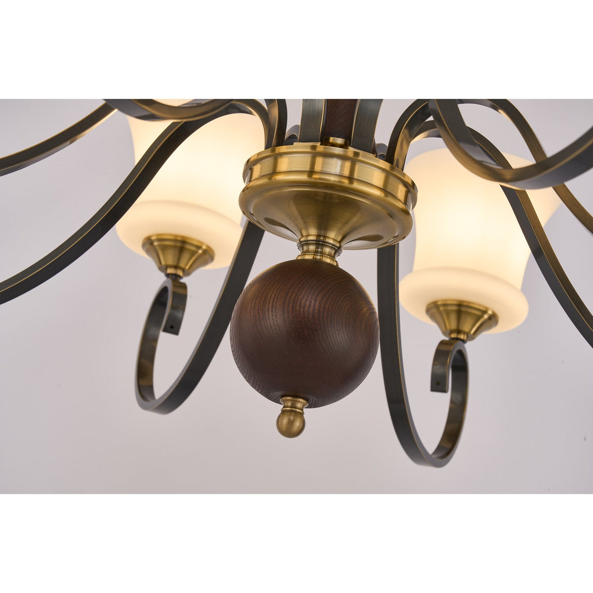 
Rosethorne Opal Glass, Blackened Brass and Dark Ash Wood Chandelier
