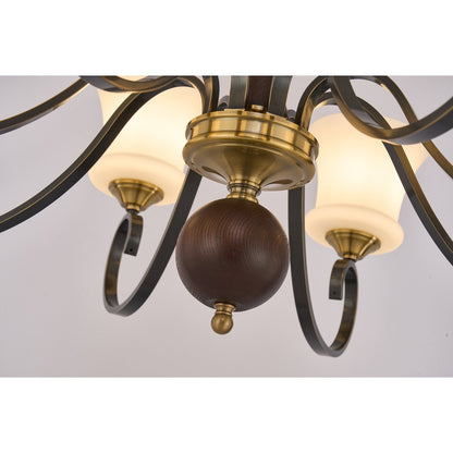 Rosethorne Opal Glass, Blackened Brass and Dark Ash Wood Chandelier