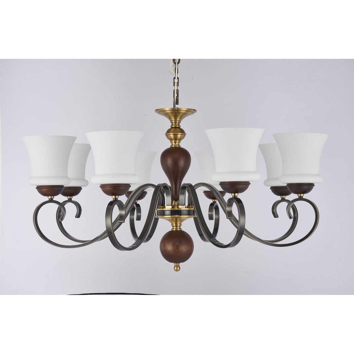 
Supplier real photograph of the Harrington twelve-light two-tier chandelier complete unlit front view