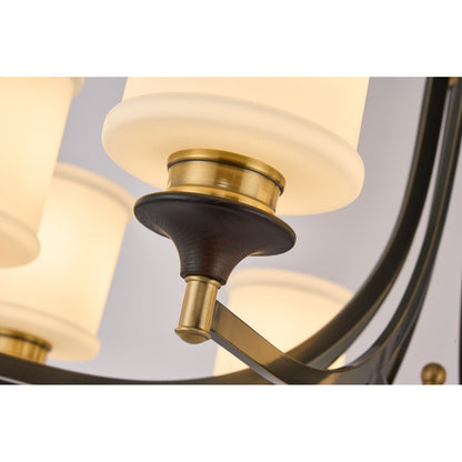 Montclair Opal Glass, Blackened Brass and Dark Ash Wood Chandelier