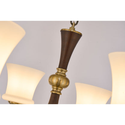 Rosethorne Opal Glass, Blackened Brass and Dark Ash Wood Chandelier
