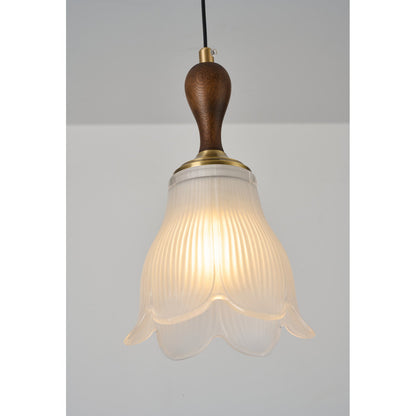 Bellarune Ribbed Bell Glass and Walnut Pendant Light