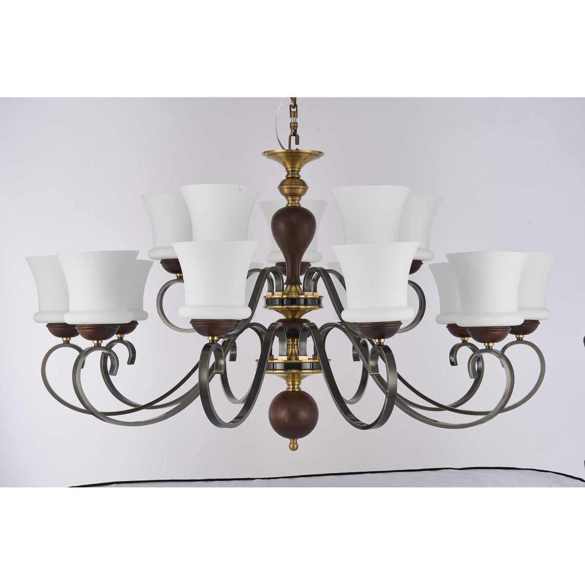 
Supplier real photograph of the Harrington fifteen-light two-tier chandelier complete unlit front view