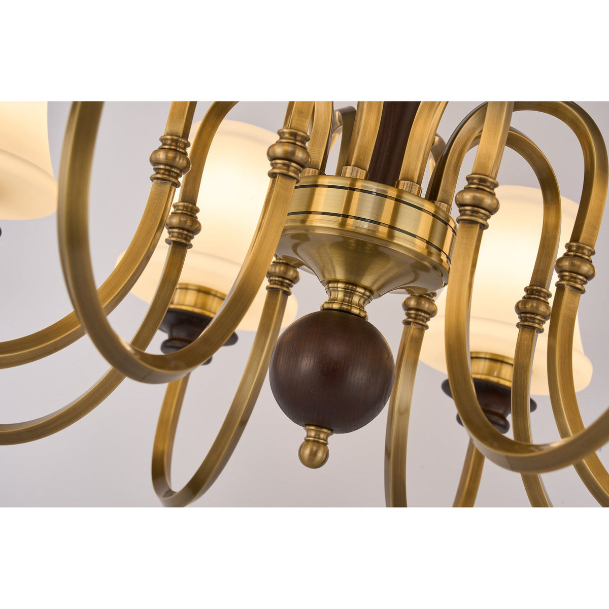 
Kingswell Opal Glass, Antique Brass and Dark Ash Wood Chandelier