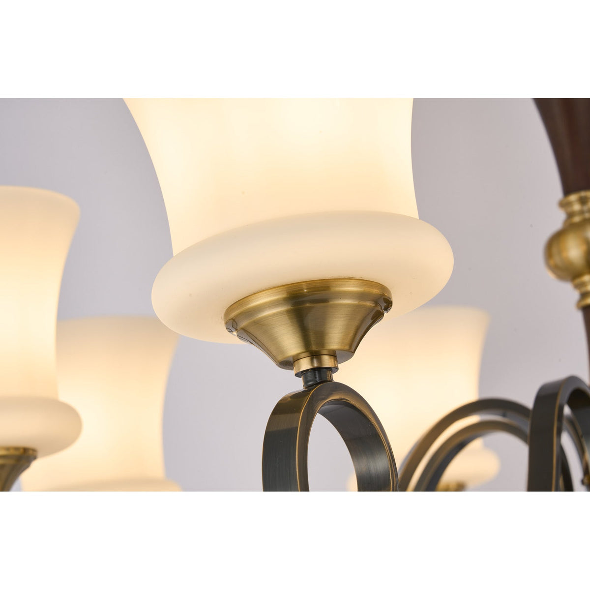 
Rosethorne Opal Glass, Blackened Brass and Dark Ash Wood Chandelier